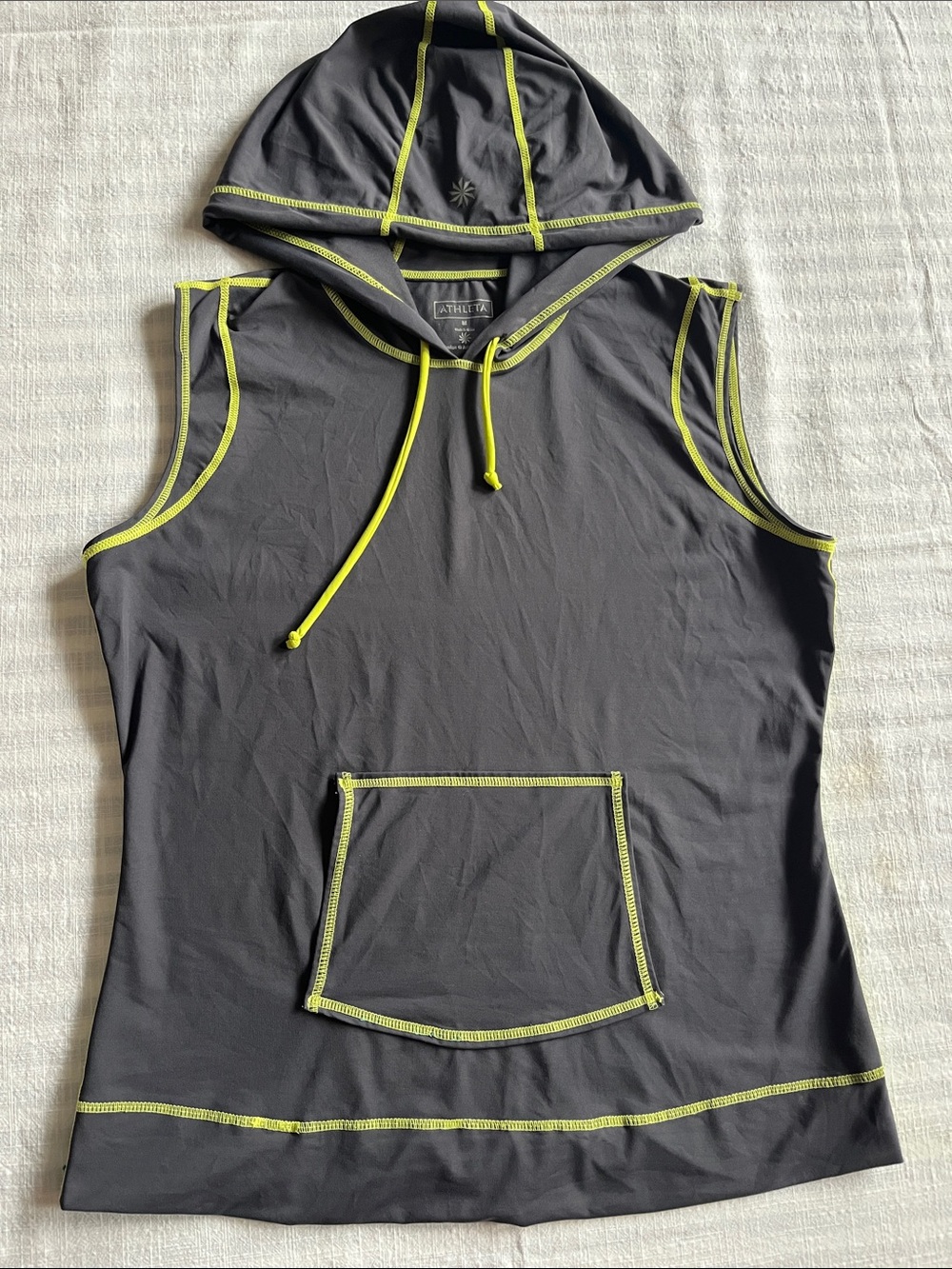 Athleta Sleeveless Hooded Rash Guard Top in Charcoal with Neon Green Trim